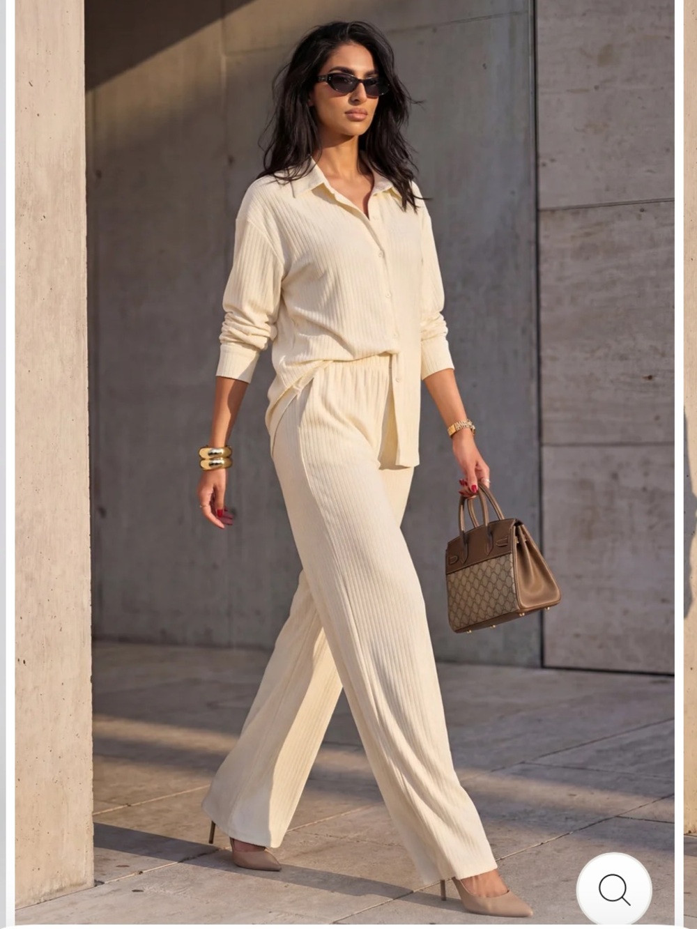 Elegant Cream Ribbed Wide-Leg Pants — Coordinating Set. Relax luxury set